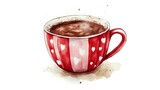 Red striped mug with white hearts pattern filled with hot chocolate or coffee, watercolor style artwork on white background, cozy drink illustration.