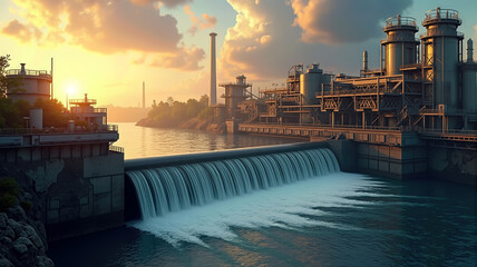 Spillway of industrial hydropower plant with factory structures in golden sunset light