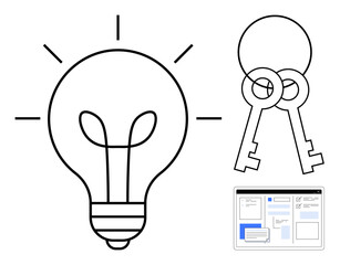 Light bulb radiating ideas, crossed keys for solutions, and a digital interface layout. Ideal for creativity, problem solving, motivation, innovation, knowledge goals and teamwork. Simple flat