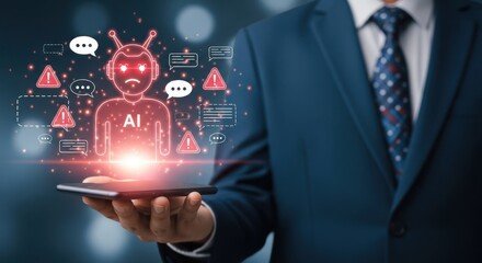 Man in suit holding smartphone with ai robot and warning signs, representing artificial intelligence risks and alerts