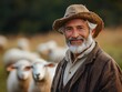 © Bussakon - A smiling elderly farmer in a straw hat stands in a field with sheep in the background