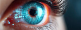 Banner of Futuristic Human Eye with Digital Effects and Glowing Blue Light Patterns