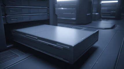 SSD storage array drawer sliding smoothly into chassis dust-free environment professional mood illustration concept scene visual for commercial design use high detail quality stock image illustration 