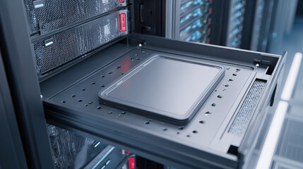 SSD storage array drawer sliding smoothly into chassis dust-free environment professional mood illustration concept scene visual for commercial design use high detail quality stock image illustration 