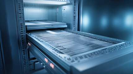 SSD storage array drawer sliding smoothly into chassis dust-free environment professional mood illustration concept scene visual for commercial design use high detail quality stock image illustration 