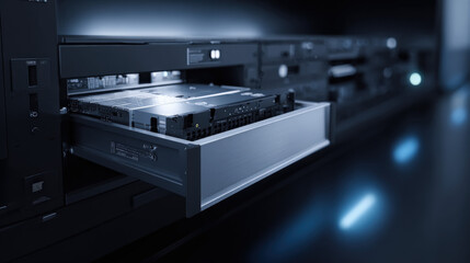 SSD storage array drawer sliding smoothly into chassis dust-free environment professional mood illustration concept scene visual for commercial design use high detail quality stock image illustration 