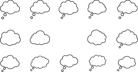 Set of black line art speech bubble icons in various shapes on white background
