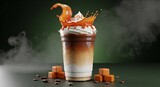 Iced caramel macchiato bursts with flavor, complemented by rich coffee beans and caramel