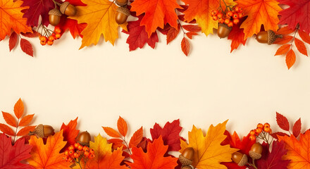 autumnal border of red, orange maple leaves, acorns, and berries on beige background, creating a sea