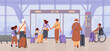 © Александра Гвардейце - Diverse people with suitcases walking out of the airport terminal building view from the back flat vector illustration.