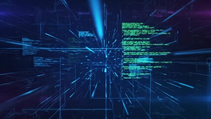 Abstract futuristic technology background with glowing digital data stream. Blue and green code on complex cyberspace network