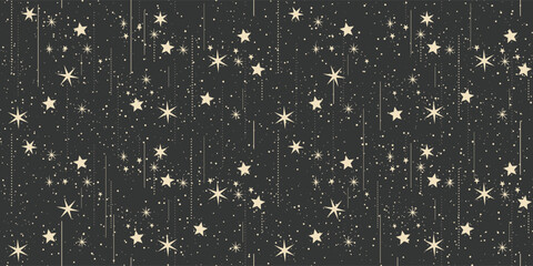 Wall Mural - Star rain, Seamless pattern with stars and glowing dots on dark background. Repeating texture of night sky. Space and astronomy concept. Vector illustration.