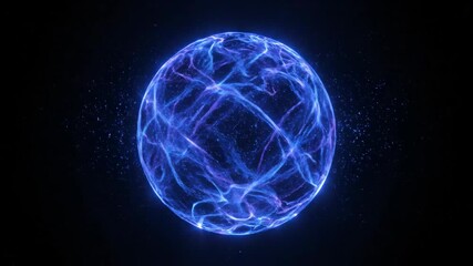 Glowing blue energy sphere with electric light trails and particles floating in dark space creating dynamic futuristic vibrant effect