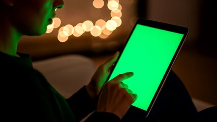 Person using a tablet computer with a green screen in a dimly lit room.