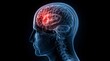 © Fathor - 3D rendering of a human head with a brain, a red glowing pain icon on the left side, in a transparent style, isolated on a black background.
