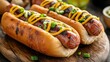 © OngCaLucK - Delicious grilled hot dogs with mustard and green onions served on a wooden board, perfect for summer picnics and BBQ gatherings with friends and family.