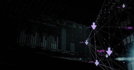 Wall Mural - Displaying bar chart and nodes with purple arrows showing percentage labels on hologram, copy space