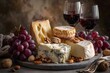 © ArtPixel-Portfolio - Rustic slate board displaying artisan cheeses, crimson grapes, scattered nuts beside two filled wine glasses, presenting gourmet dining experience
