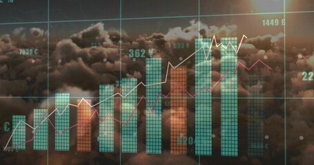 Wall Mural - Financial chart hovering in cloudy sky, with bars, lines, teal grid, numeric labels