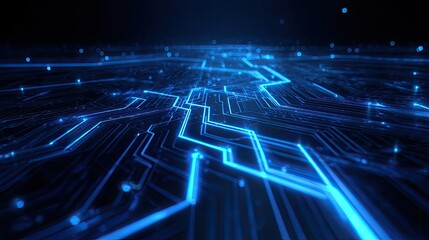 Futuristic glowing blue circuit lines on dark background, abstract technology concept representing data flow, digital network and high speed connection