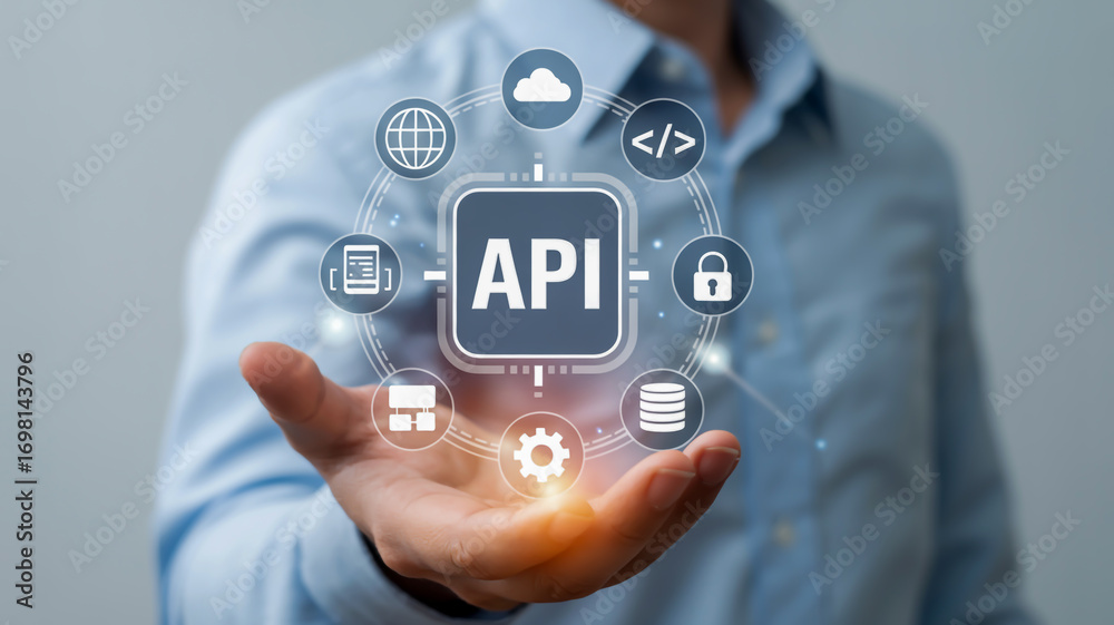 Man holding api interface with digital icons representing technology ...