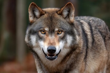Wall Mural - eurasian wolf showing teeth in the forest