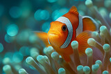 Vibrant orange clownfish nestled among teal anemone tentacles with dreamy bokeh, vivid underwater macro of a tropical coral reef scene