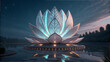 © TanminAkter - Illuminated futuristic lotus structure on water at twilight with forest full hd 4k stock image download background