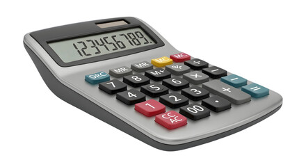 Gray calculator with colorful buttons on white background