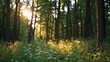 © maxximmm - Sunset in the forest. Sunlight and wildflowers in the forest. A peaceful nature in the outdoors. Twilight in the woods lifestyle.