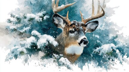 Canvas Print -   A painting of a deer wearing antlers against a snow-covered background with trees in the distance