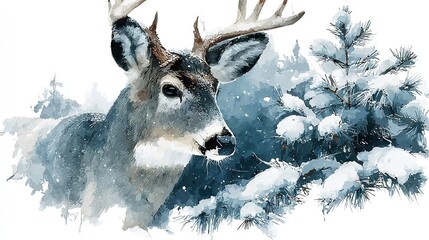 Canvas Print -   A deer standing in snow near a pine tree