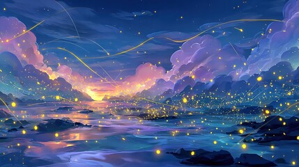Wall Mural - a river night painting, full of glowing fireflies and starry skies