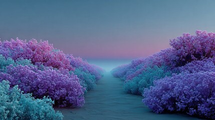Wall Mural - a cluster of blue and purple bushes adjacent to a lake, framed by a rosy sky above