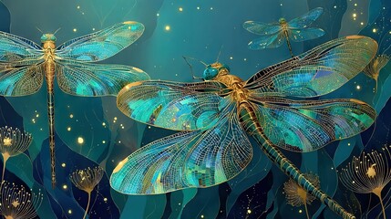 Wall Mural - a cluster of dragonflies perched on a lush green meadow against a backdrop of golden glints and azur
