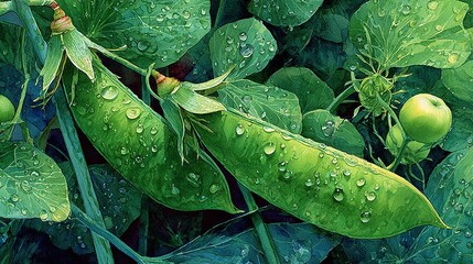 Wall Mural -   Painting of green plant with water droplets on leaves and green apple on stem