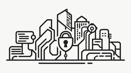 Cybersecurity Skyline: A digital cityscape rendered in elegant line art, showcasing a shield-shaped padlock at its center, symbolizing the protection of modern city infrastructure and data.