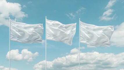 Wall Mural - Three white flags flying in the clear blue sky on a sunny day