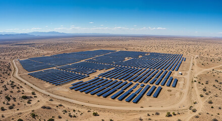 Vast solar farm array spreading across arid desert landscape under clear blue sky