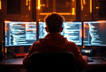Silhouette of a coder intensely focused on multiple glowing computer screens displaying code