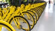 © Den - A vibrant row of bright yellow public bicycles parked for convenient shared mobility