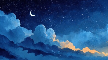 Wall Mural -  A half-moon painting in the distance is framed by clouds against a dark sky, adorned with sparkling stars