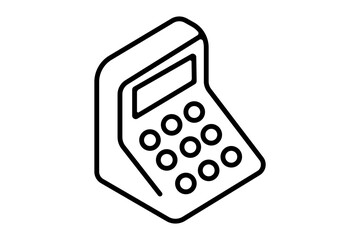 This image shows a simple isometric illustration of a calculator. The design features a rectangular device with a display screen on top and several round buttons below, symbolizing numbers 