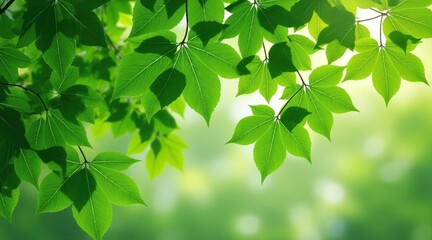 Vibrant green maple leaves with water droplets in soft sunlight