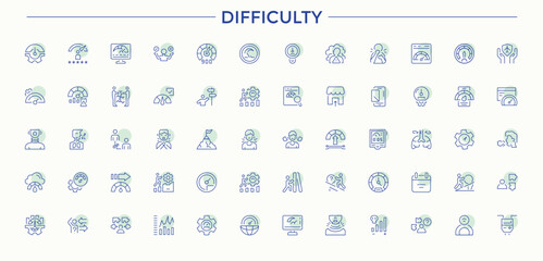 Difficulty colorful line icon set. It contains symbols to challenge, exam, work, performance, strategy and more. Minimal icons collection. Target icon set. Editable vector stroke.