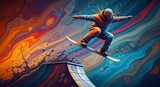 A dynamic snowboarder catches air against vibrant psychedelic background