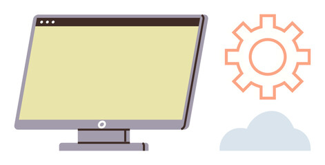 Desktop monitor with blank screen alongside an orange gear and blue cloud icon. Ideal for technology, cloud computing, system management, software integration, innovation, technical support, digital
