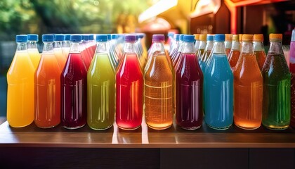 display of assorted colorful bottled beverages featuring soft drinks juices and refreshing drinks in various colors and flavors