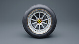 Performance car tire with alloy rim viewed in studio, automotive detail shot. AI generated