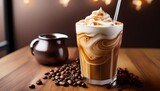 refreshing iced coffee drink with swirling milk or cream creating a foamy and inviting texture and visual appeal